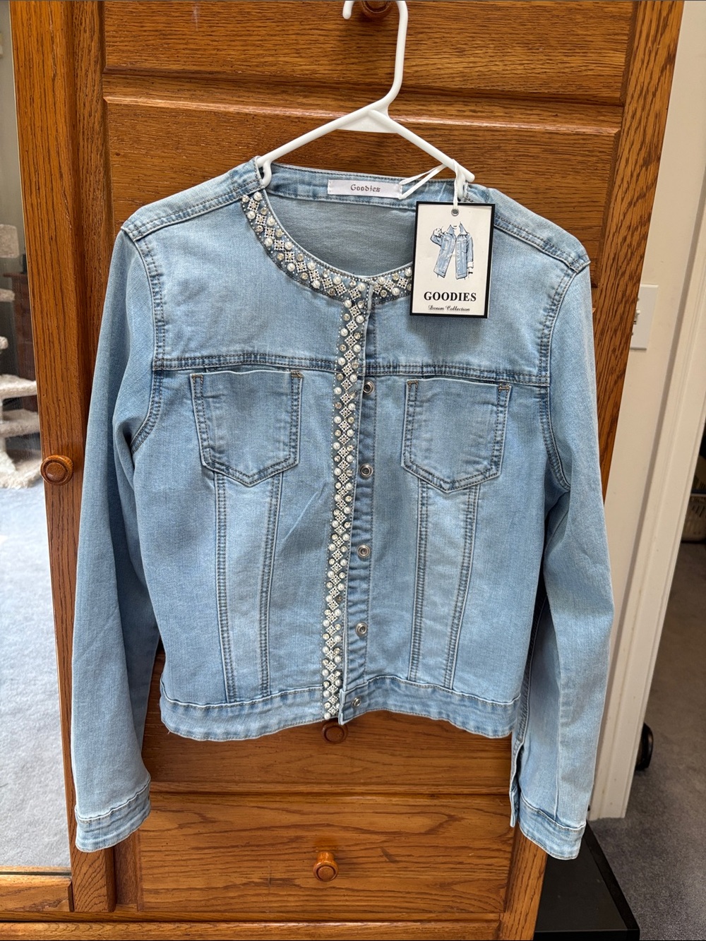 Light Blue Embellished Collarless Denim Jacket